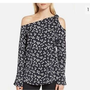 LEWIT one / cold shoulder bow detail long sleeve blouse stretch silk black wht S